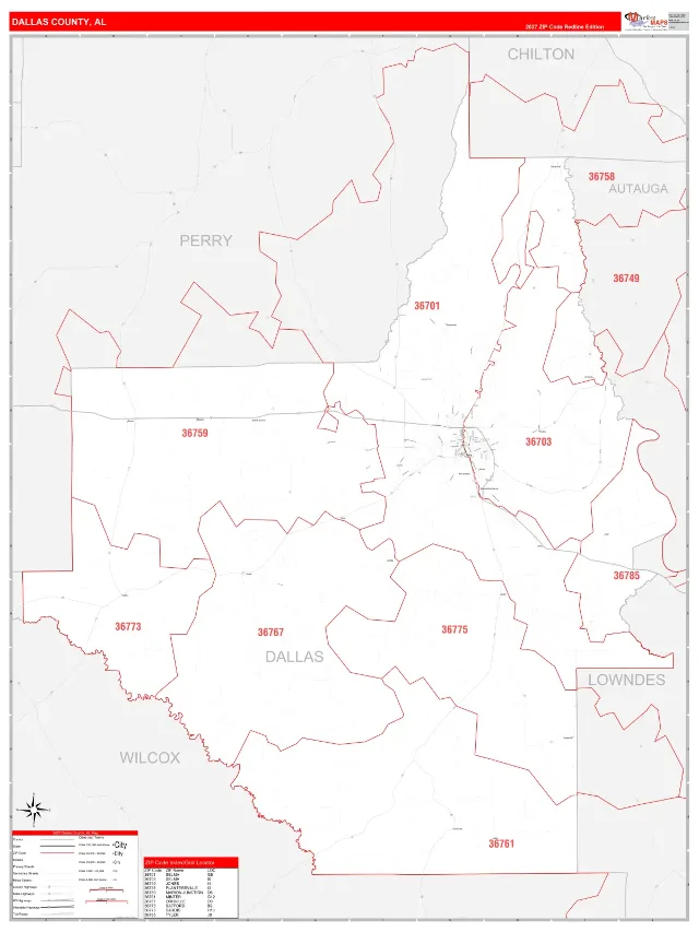 Dallas County, AL ZIP Code Wall Map, RedLine style