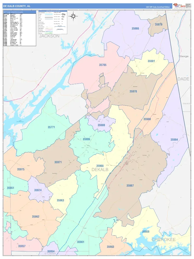 DeKalb County, AL ZIP Code Wall Map, ColorCast style