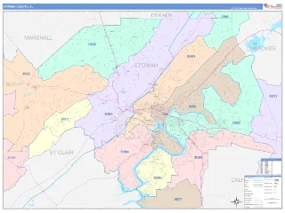 Etowah County, AL ColorCast style ZIP Code wall map