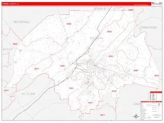 Etowah County, AL RedLine style ZIP Code wall map