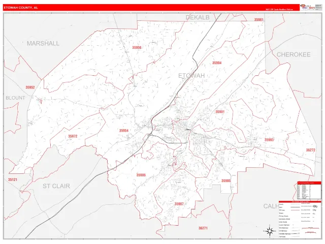 Etowah County, AL ZIP Code Wall Map, RedLine style