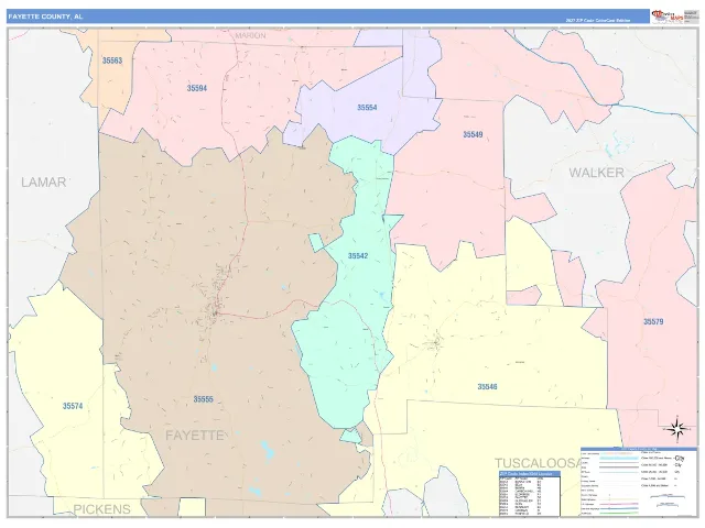 Fayette County, AL ZIP Code Wall Map, ColorCast style