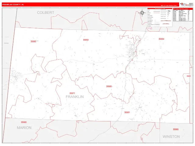 Franklin County, AL ZIP Code Wall Map, RedLine style
