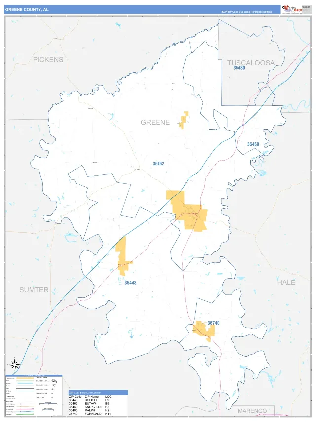 Greene County, AL ZIP Code Wall Map, Business Reference style