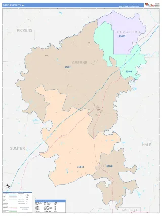 Greene County, AL ColorCast style ZIP Code wall map