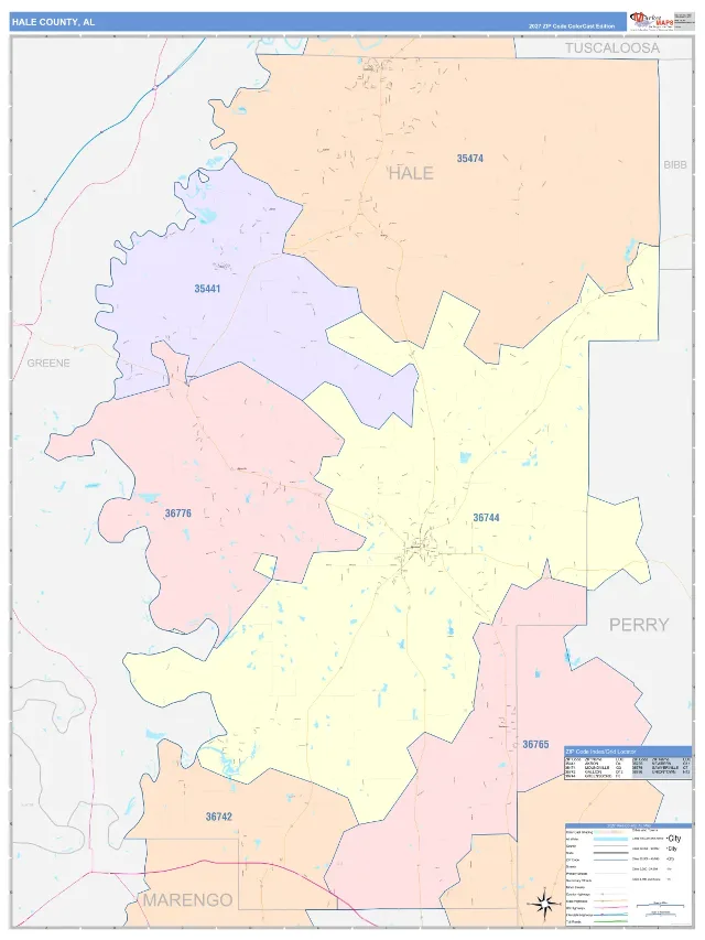 Hale County, AL ZIP Code Wall Map, ColorCast style