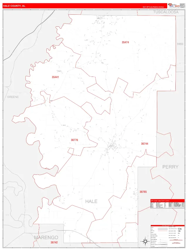 Hale County, AL ZIP Code Wall Map, RedLine style