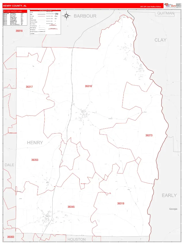Henry County, AL ZIP Code Wall Map, RedLine style