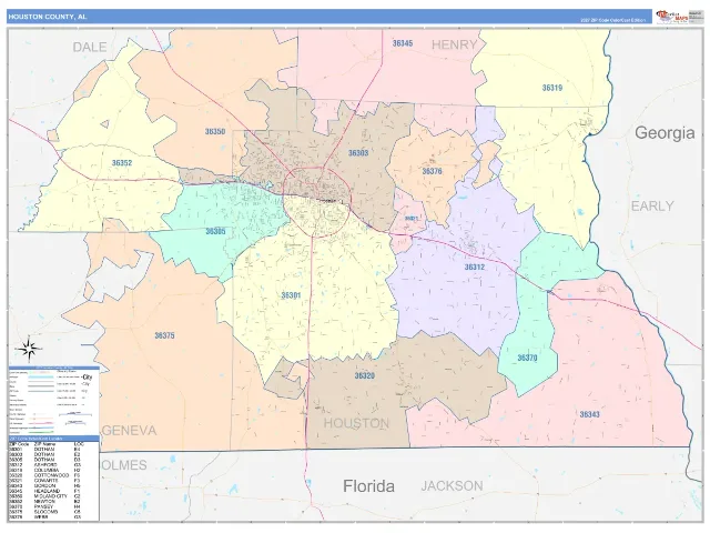 Houston County, AL ZIP Code Wall Map, ColorCast style