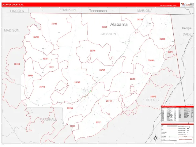 Jackson County, AL ZIP Code Wall Map, RedLine style