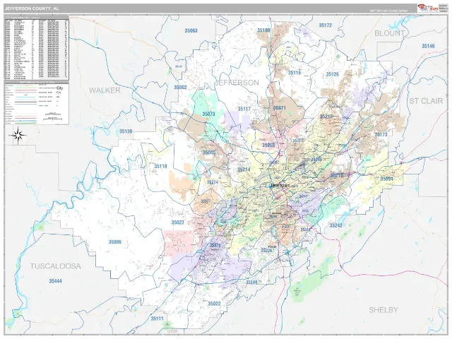 Jefferson County, AL ZIP Code Wall Map, Classic style