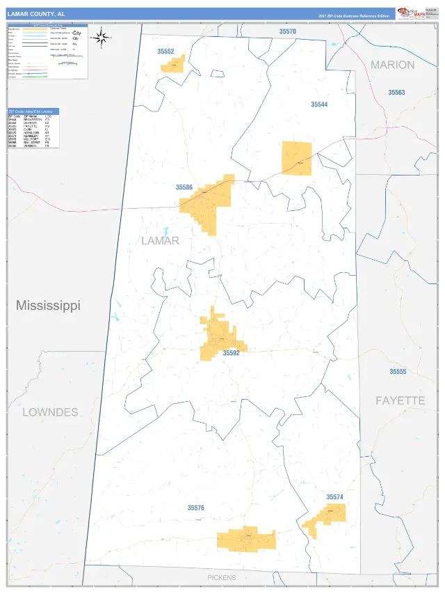 Lamar County, AL ZIP Code Wall Map, Business Reference style