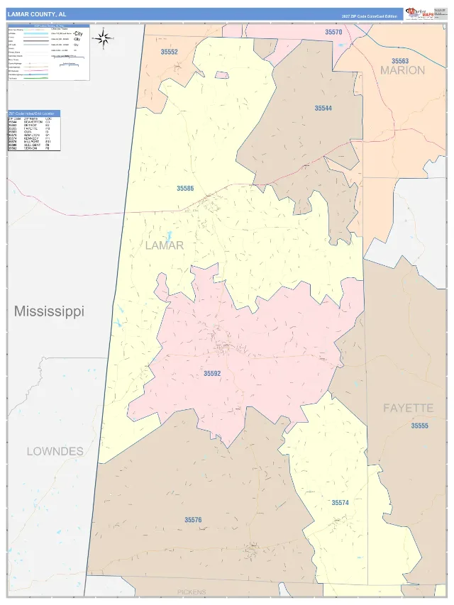 Lamar County, AL ZIP Code Wall Map, ColorCast style