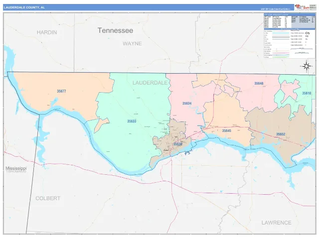 Lauderdale County, AL ZIP Code Wall Map, ColorCast style