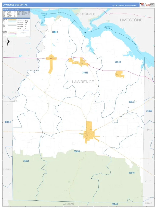 Lawrence County, AL ZIP Code Wall Map, Business Reference style