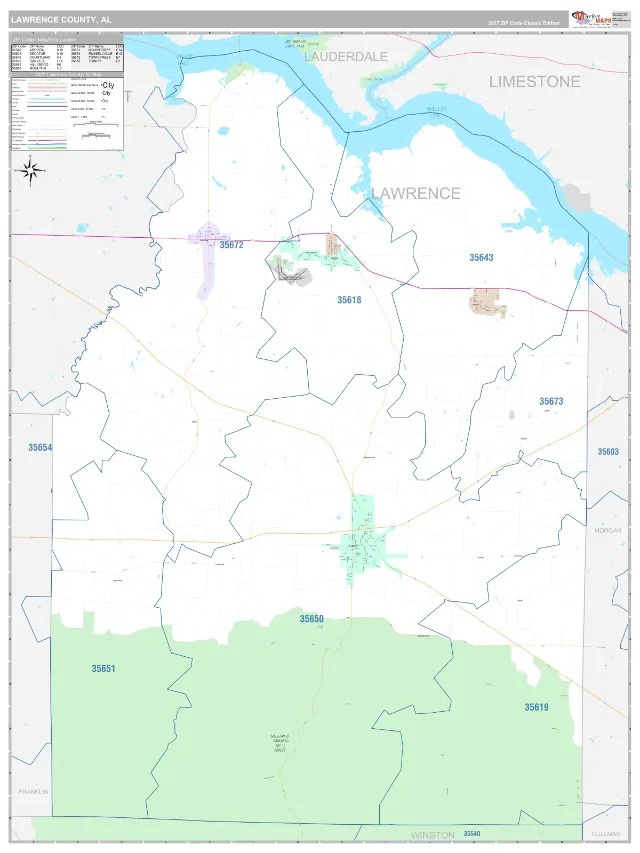 Lawrence County, AL ZIP Code Wall Map, Classic style