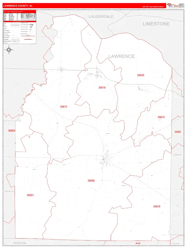 Lawrence County, AL ZIP Code Wall Map, RedLine style