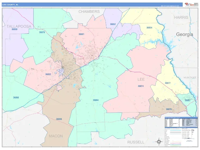 Lee County, AL ZIP Code Wall Map, ColorCast style