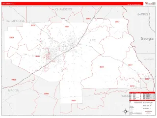 Lee County, AL RedLine style ZIP Code wall map