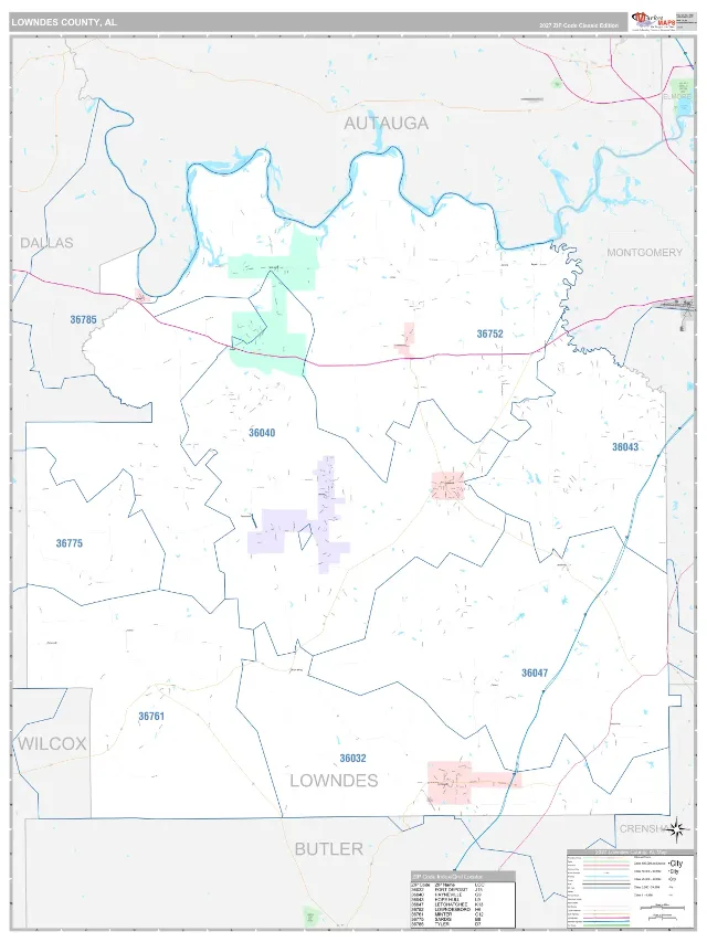 Lowndes County, AL ZIP Code Wall Map, Classic style