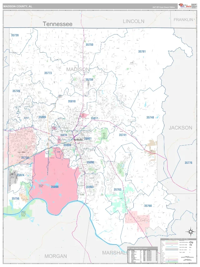 Madison County, AL ZIP Code Wall Map, Classic style
