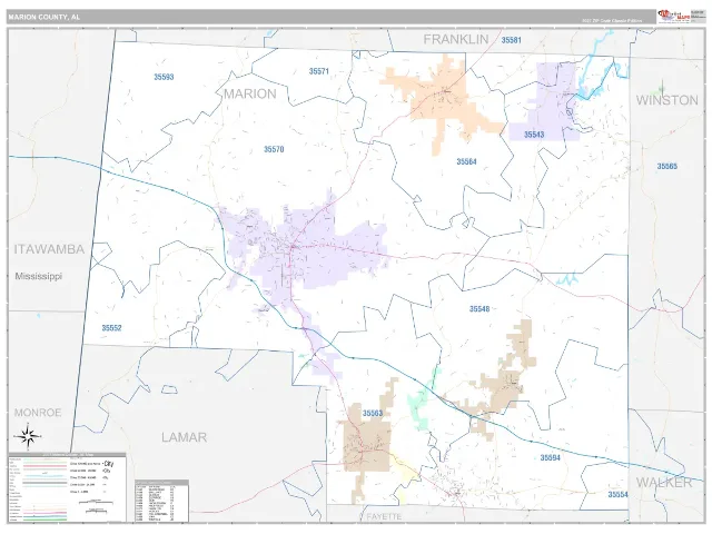 Marion County, AL ZIP Code Wall Map, Classic style