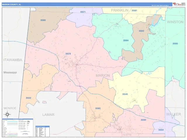 Marion County, AL ZIP Code Wall Map, ColorCast style