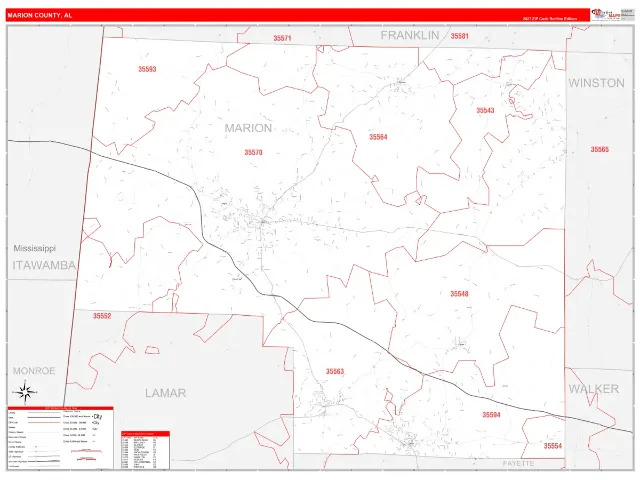 Marion County, AL ZIP Code Wall Map, RedLine style
