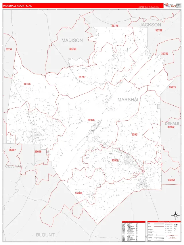 Marshall County, AL ZIP Code Wall Map, RedLine style