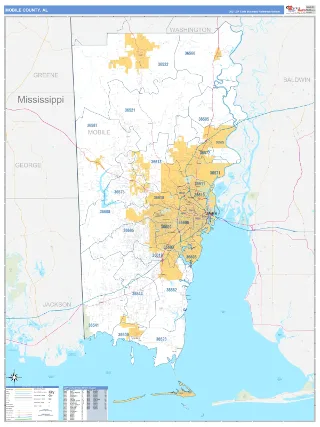 Mobile County, AL Business Reference style ZIP Code wall map