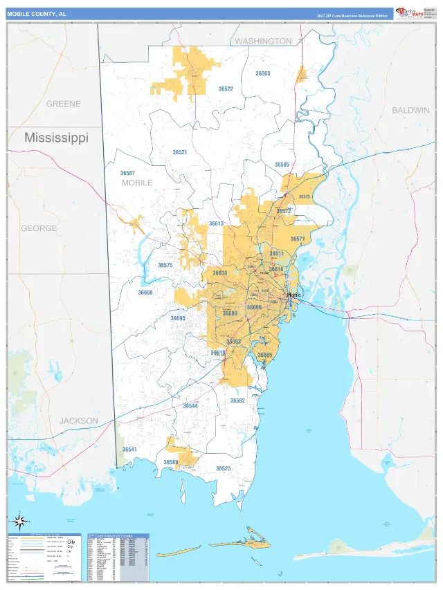 Mobile County, AL ZIP Code Wall Map, Business Reference style