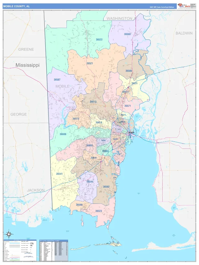 Mobile County, AL ZIP Code Wall Map, ColorCast style
