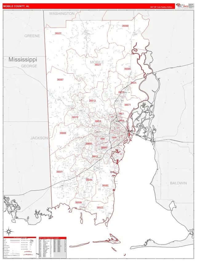 Mobile County, AL ZIP Code Wall Map, RedLine style