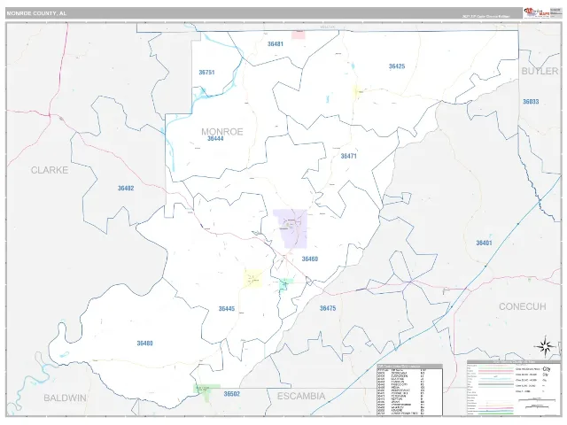 Monroe County, AL ZIP Code Wall Map, Classic style