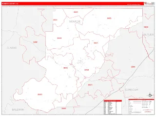 Monroe County, AL RedLine style ZIP Code wall map