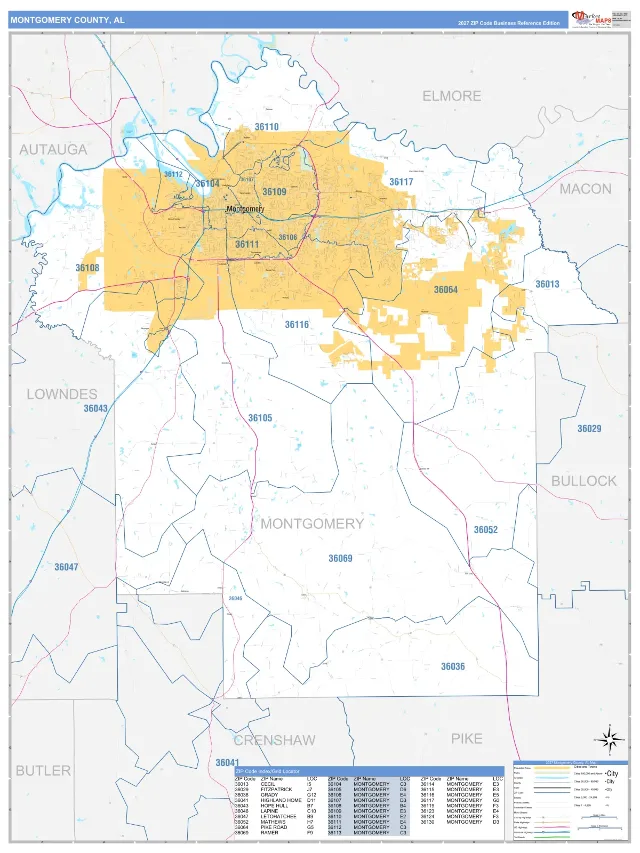 Montgomery County, AL ZIP Code Wall Map, Business Reference style