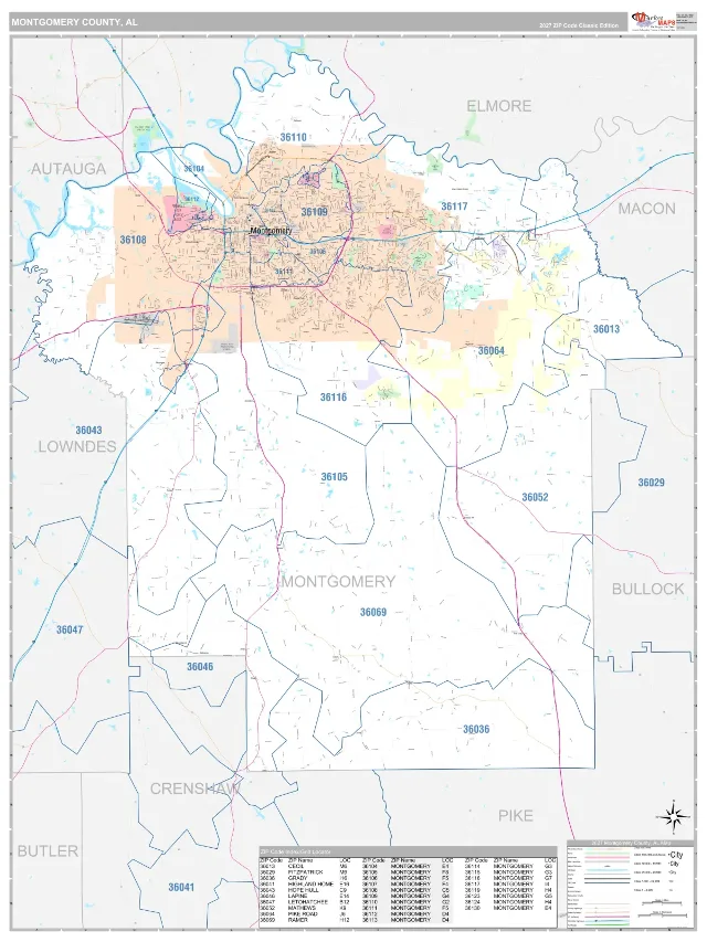 Montgomery County, AL ZIP Code Wall Map, Classic style