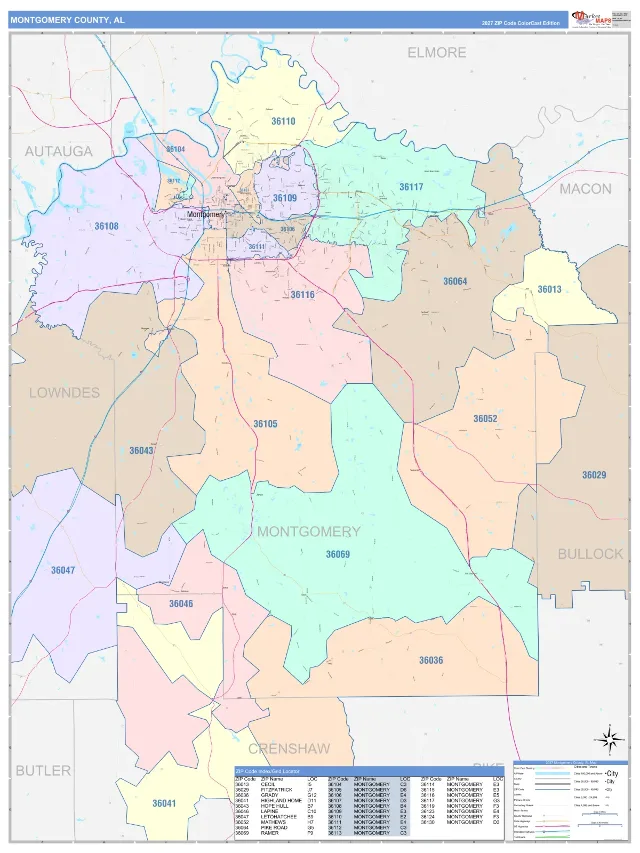 Montgomery County, AL ZIP Code Wall Map, ColorCast style