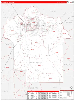 Montgomery County, AL RedLine style ZIP Code wall map