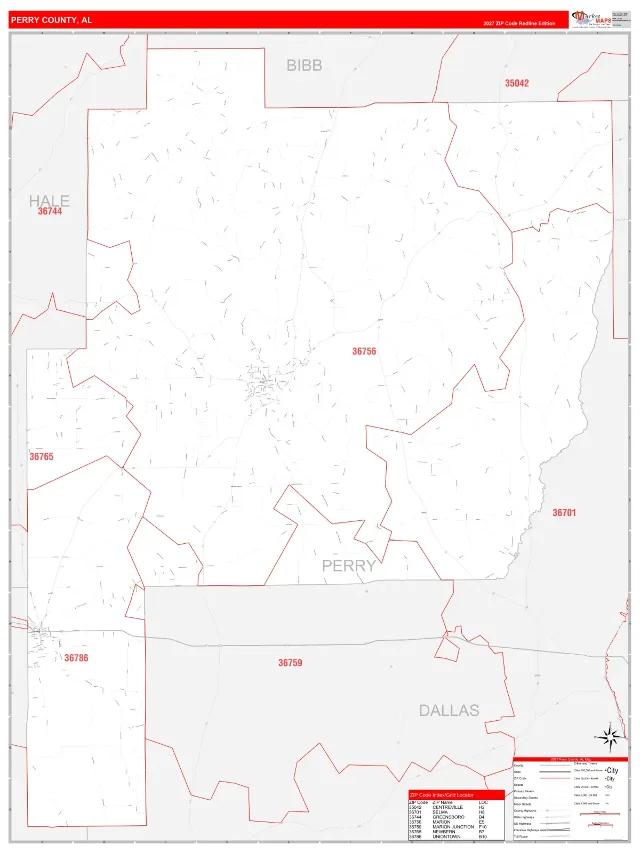 Perry County, AL ZIP Code Wall Map, RedLine style