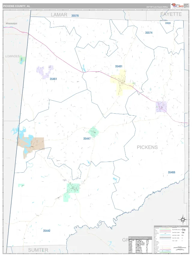 Pickens County, AL ZIP Code Wall Map, Classic style