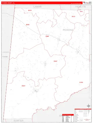 Pickens County, AL RedLine style ZIP Code wall map