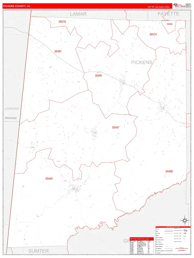 Pickens County, AL ZIP Code Wall Map, RedLine style