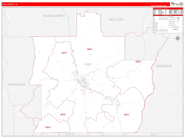 Pike County, AL ZIP Code Wall Map, RedLine style