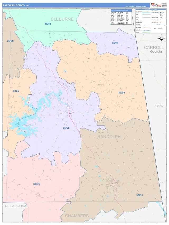 Randolph County, AL ZIP Code Wall Map, ColorCast style