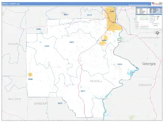 Russell County, AL Business Reference style ZIP Code wall map