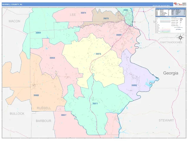 Russell County, AL ZIP Code Wall Map, ColorCast style