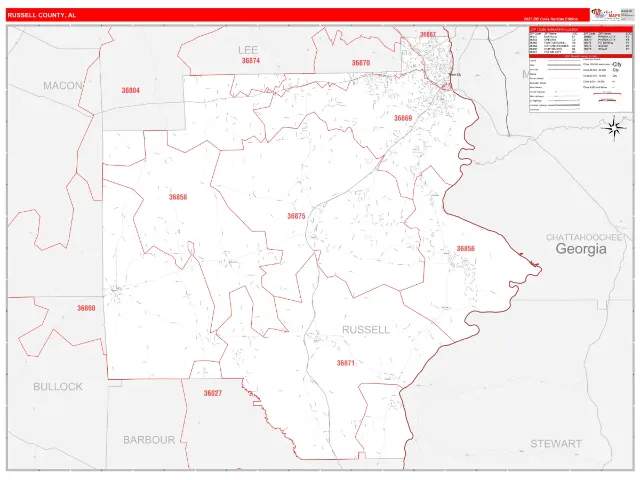 Russell County, AL ZIP Code Wall Map, RedLine style