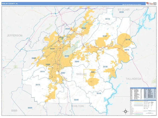 Shelby County, AL ZIP Code Wall Map, Business Reference style