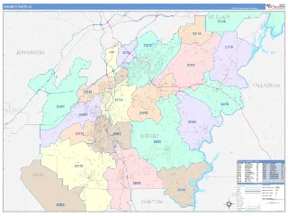 Shelby County, AL ColorCast style ZIP Code wall map